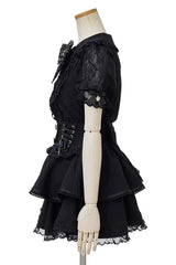 Japanese Lapel Collar Short Sleeves Ruffled Embroidered Bow Lace Plus Size Sweet Jirai Kei Skirt Set 3 Colors - Product - 5