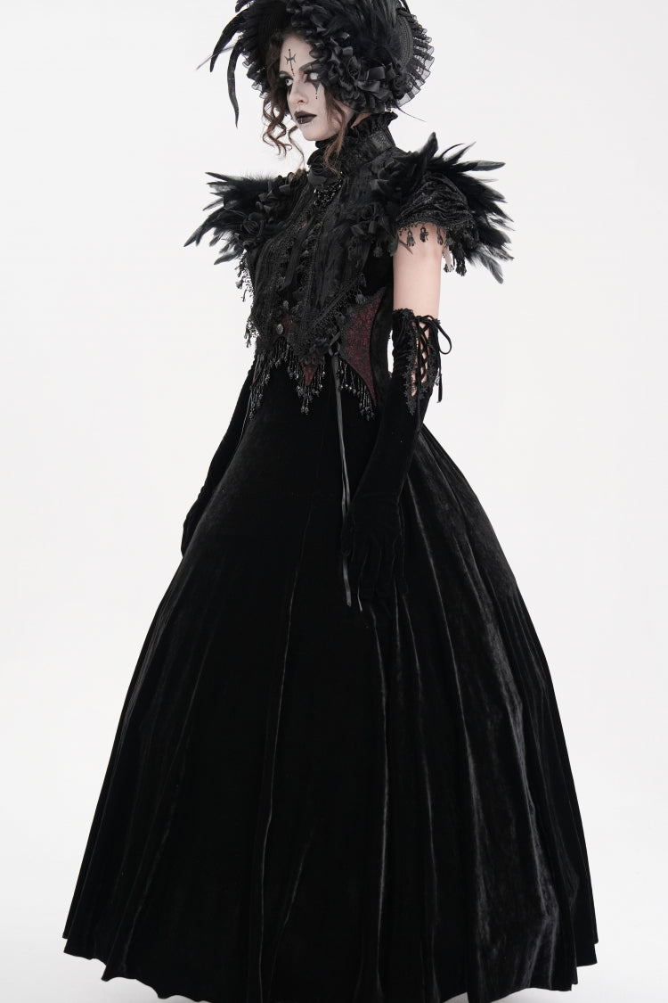 Black Stand Collar Lace Pleated Women's Gothic Tassels Feather Lace Cape - Product - 3