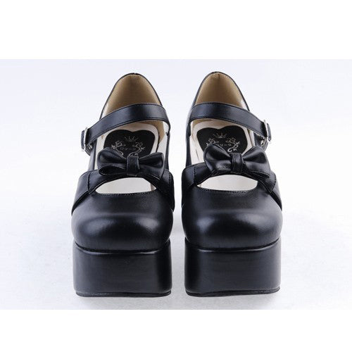 Black Round Toe Strap Bow Platform Classic Lolita Shoes - Product - 4