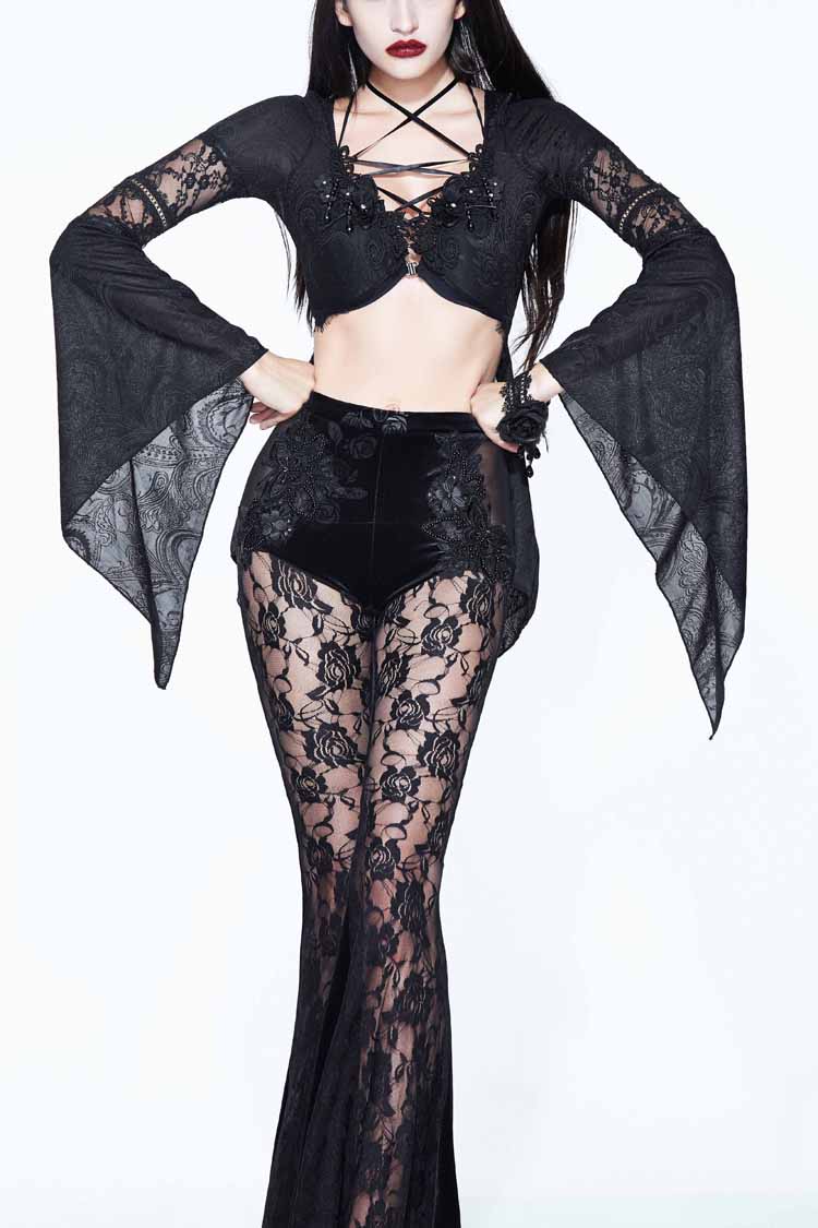 Black Perspective Mesh-yarn Long-sleeve Lace Front Short And Back Long Women's Gothic Blouse - Black - 1