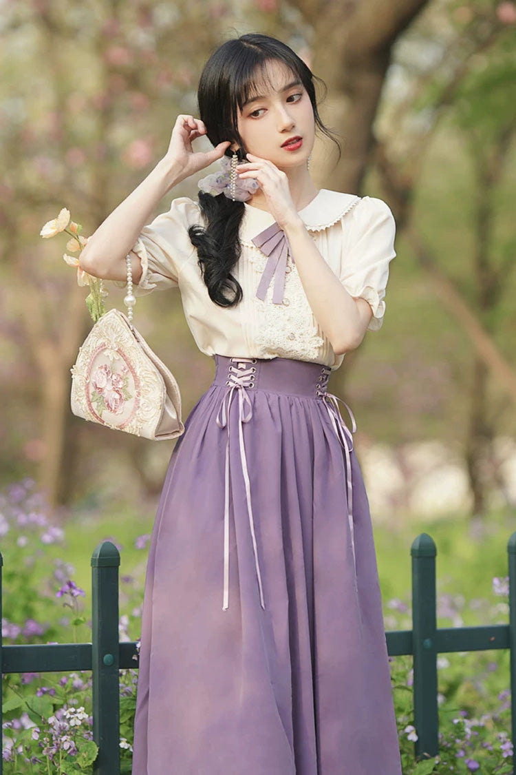 Solid Color Lapel Collar Short Sleeves High Waisted Lace-Up Wave Hem Classic Lolita Two-Piece Skirt Set 7 Colors - Product - 4