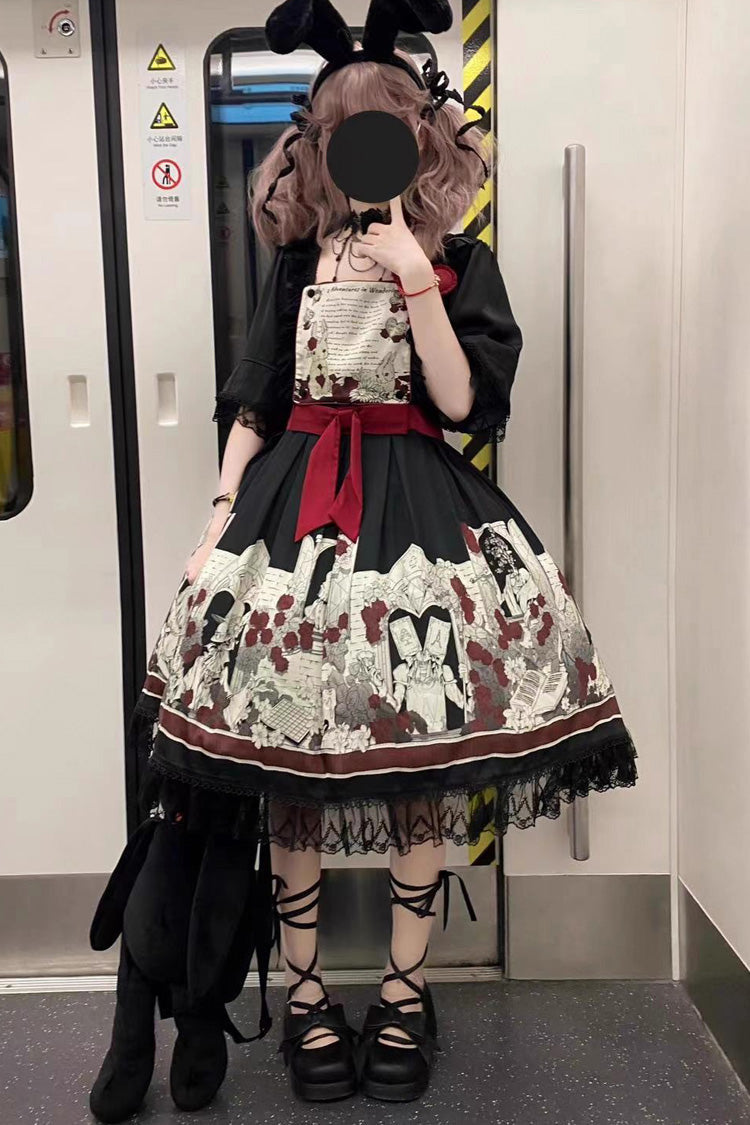 Black [Alice of the Asylum] Print Bowknot Lace Gothic Lolita Dress 2 Versions - Product - 7