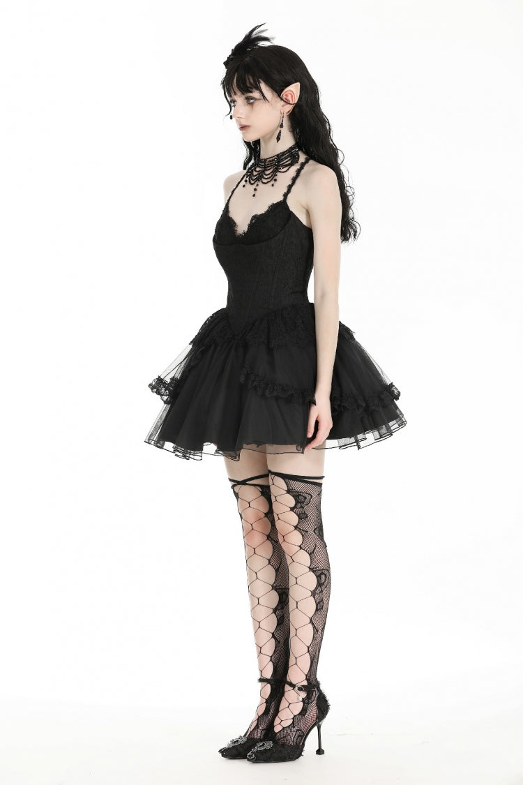 Black V Collar Sleeveless Multi-Layered Lace Trim Lace-Up Women's Gothic Party Slip Graduation Dress - Product - 2