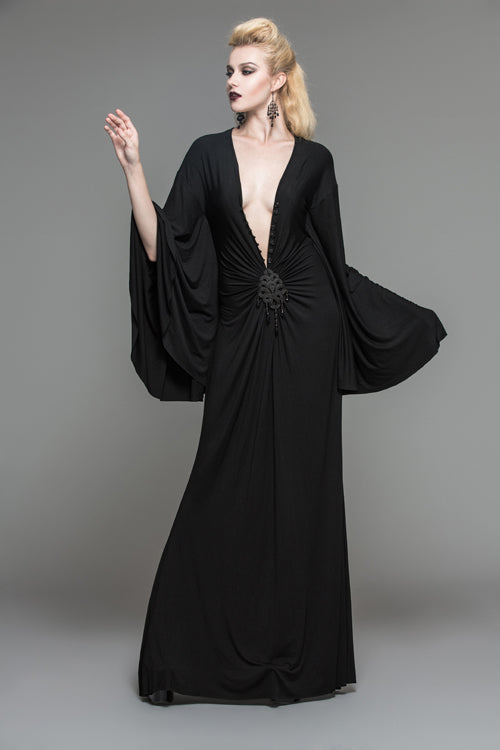 Black Frog Button Sexy Bat Sleeve Deep V Neck Gothic Womens Dress - Product - 4