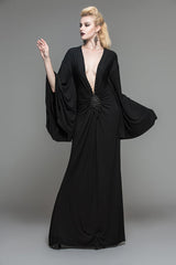 Black Frog Button Sexy Bat Sleeve Deep V Neck Gothic Womens Dress - Product - 4
