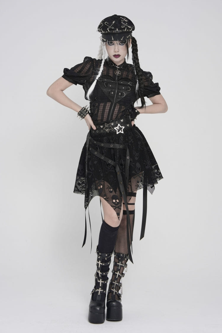 Black Double-Layered Lace Lace-Up Irregular Mesh Eyelet Women's Punk Skirt - Product - 8