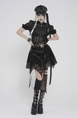 Black Double-Layered Lace Lace-Up Irregular Mesh Eyelet Women's Punk Skirt - Product - 8