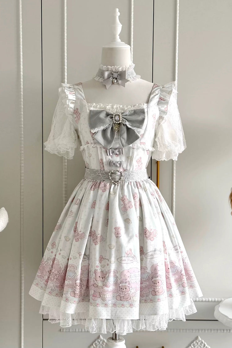 Pink/Green [Teddy Bear Party] Square Collar Short Sleeves Printed Ruffled Bow Lace Sweet Jirai Kei Japanese Dress - Pink/Green - 1