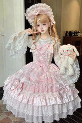 Pink [Dream-Sinking Pearl Veil] Doll-Style Sleeveless Multi-Layered Ruffled Bow Lace Daily Sweet Lolita Dress - Pink - 1