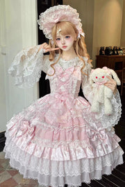 Pink [Dream-Sinking Pearl Veil] Doll-Style Sleeveless Multi-Layered Ruffled Bow Lace Daily Sweet Lolita Dress - Pink - 1