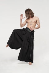 Black Asymmetric Buckled Men's  Japanese Punk Warrior Pantskirts With Harness - Product - 6