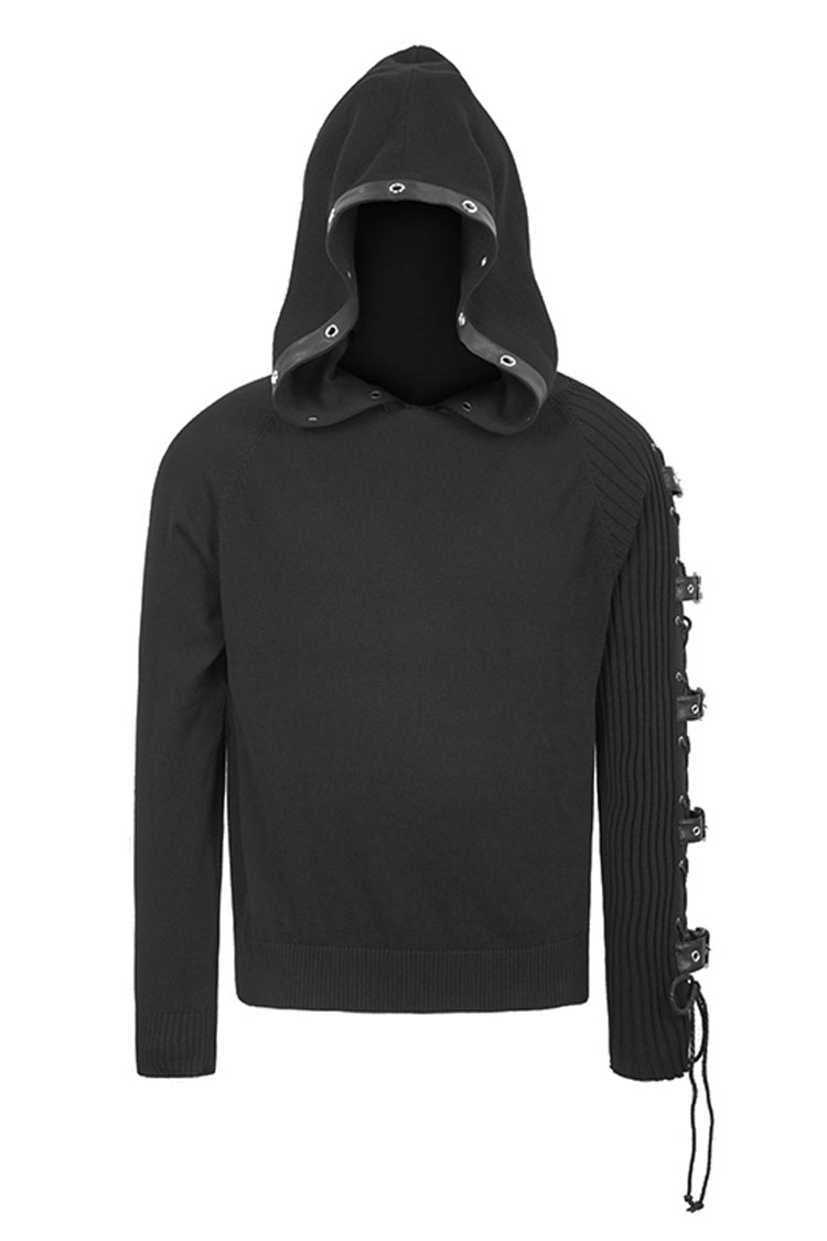 Black Asymmetrical Sleeves Leather Loop Lace-Up Hooded Men's Punk Sweater - Product - 4