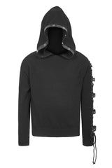 Black Asymmetrical Sleeves Leather Loop Lace-Up Hooded Men's Punk Sweater - Product - 4