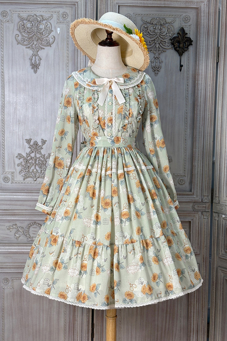 Green [Gardening Sunflower] Long Sleeves Print Ruffle Bowknot Sweet Elegant Lolita Dress - Product - 3