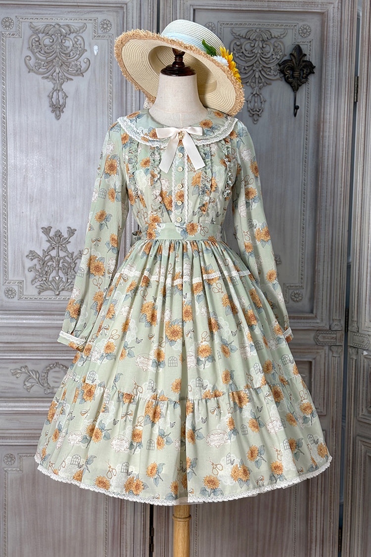 Green [Gardening Sunflower] Long Sleeves Print Ruffle Bowknot Sweet Elegant Lolita Dress - Product - 3