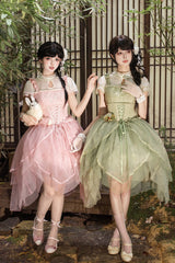 [Fragrance] Stand Collar Short Sleeves Multi-Layered Printed Ruffled Bow Lace Irregular Chinese Style Sweet Lolita Dress 2 Colors (Green, Pink) - Product - 6