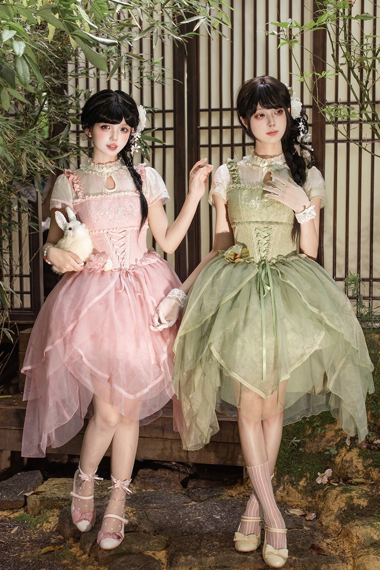 [Fragrance] Stand Collar Short Sleeves Multi-Layered Printed Ruffled Bow Lace Irregular Chinese Style Sweet Lolita Dress 2 Colors (Green, Pink) - Product - 6