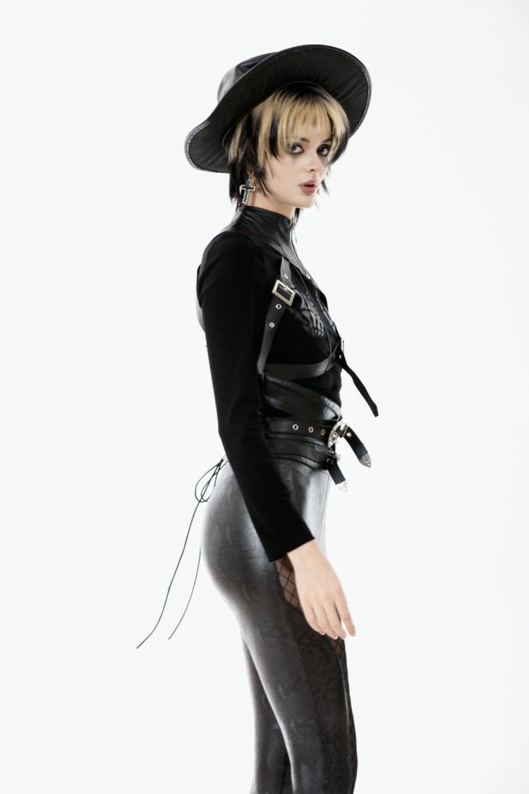 Black Cut-Out Asymmetric Buckled Zippered Women's Punk Cape - Product - 7
