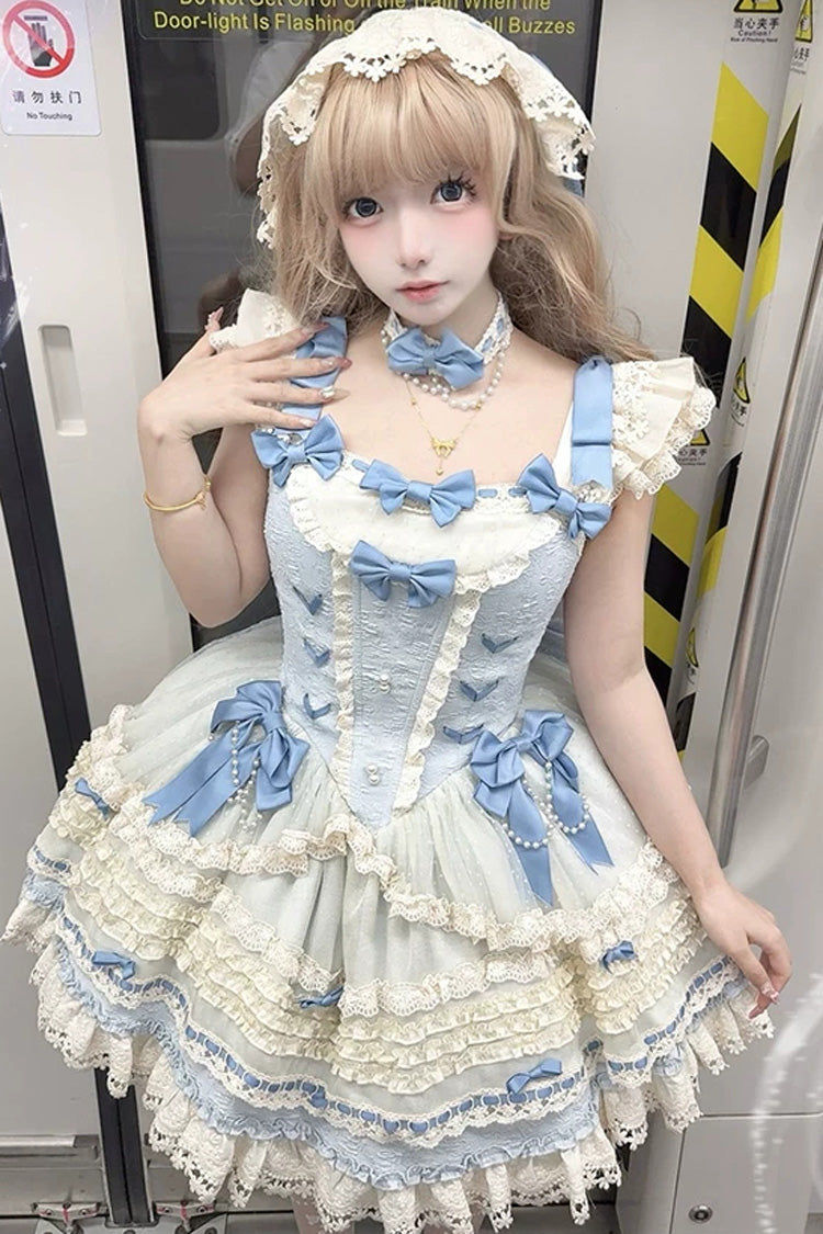 [Wind Chime Poem] Square Collar Flutter Sleeves Triple-Layered Printed Ruffled Bow Sweet Lolita Jsk Dress 4 Colors (Blue, Pink, Purple, Green) - Product - 13
