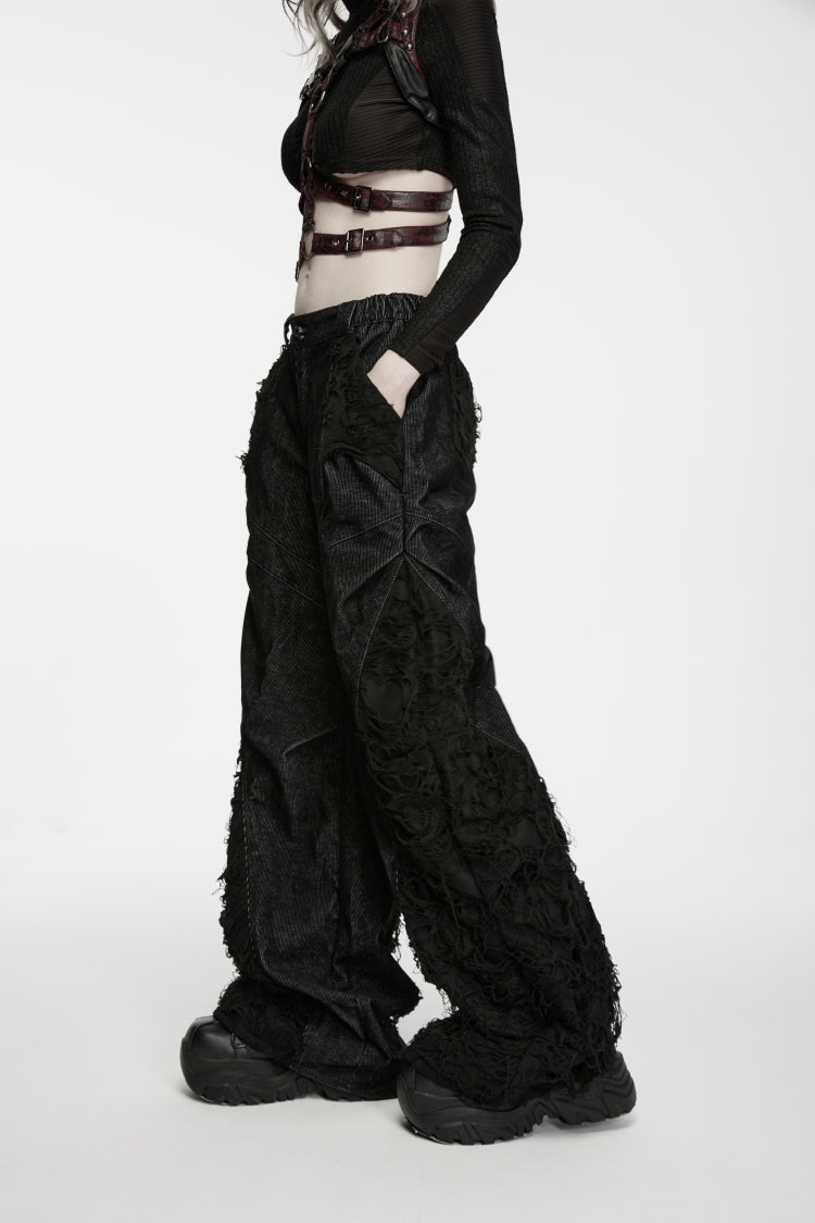Black Patchwork Ripped Pleated Women's Punk Wide Leg Pants - Product - 6
