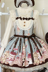 Multi-Color [Cat Chocolate Patisserie] Sleeveless Printed Ruffled Bow Lace Sweet Lolita Strap Dress - Product - 3