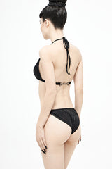 Black Metal Loop Shoulder Strap Vertical Lines Shimmer Women's Punk Bikini - Product - 4