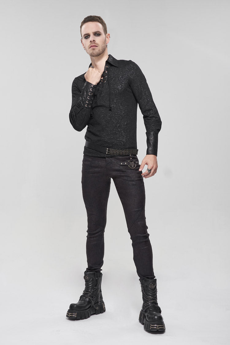 Black Basic Funds Metal Pentagram Crackle Punk Slim Men's Pants - Product - 5