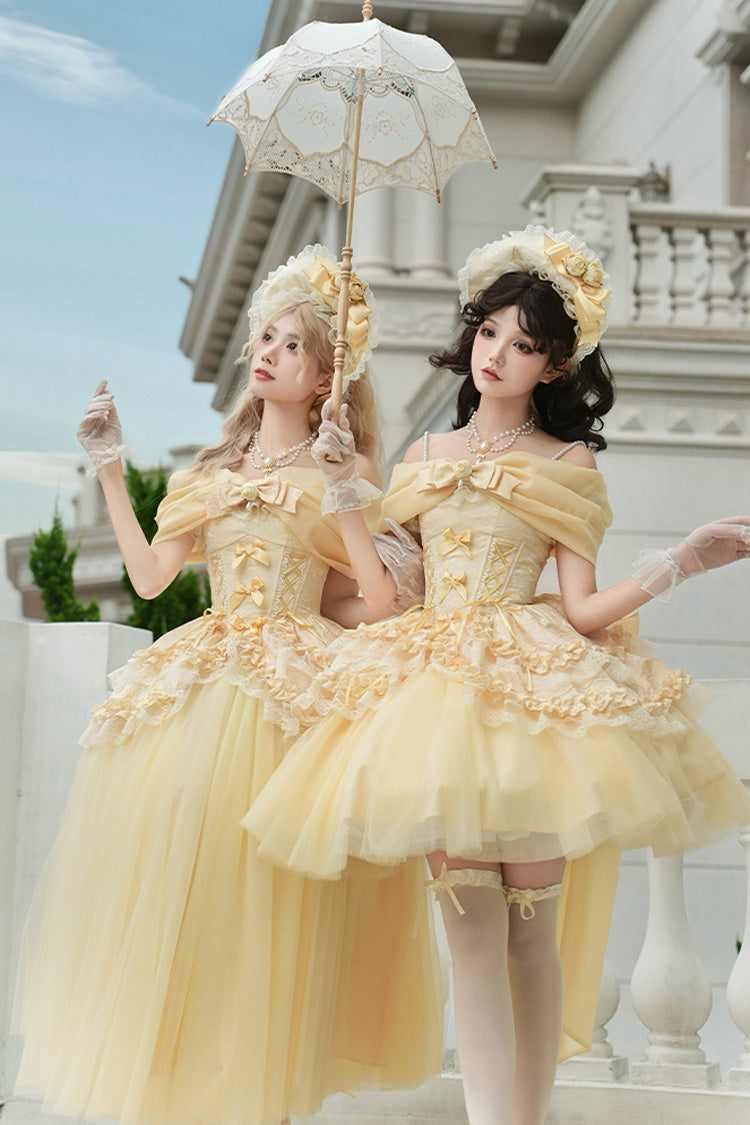 Yellow [Sissi's Pilgrimage] Off Shoulder Ruffle Bowknot Lace Sweet Lolita Skirt (Short Version) - Product - 18