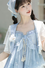 Blue [Clouds Resting in the Wilderness] Print Ruffle Embroidery Bowknot Lace Irregular Lolita Jsk Dress - Product - 9