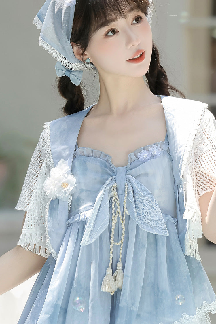 Blue [Clouds Resting in the Wilderness] Print Ruffle Embroidery Bowknot Lace Irregular Lolita Jsk Dress - Product - 9