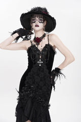 Black Sleeveless Cross Ruffled Floral Embroidered Chain-Decorated Women's Gothic Long Slip Dress - Product - 9