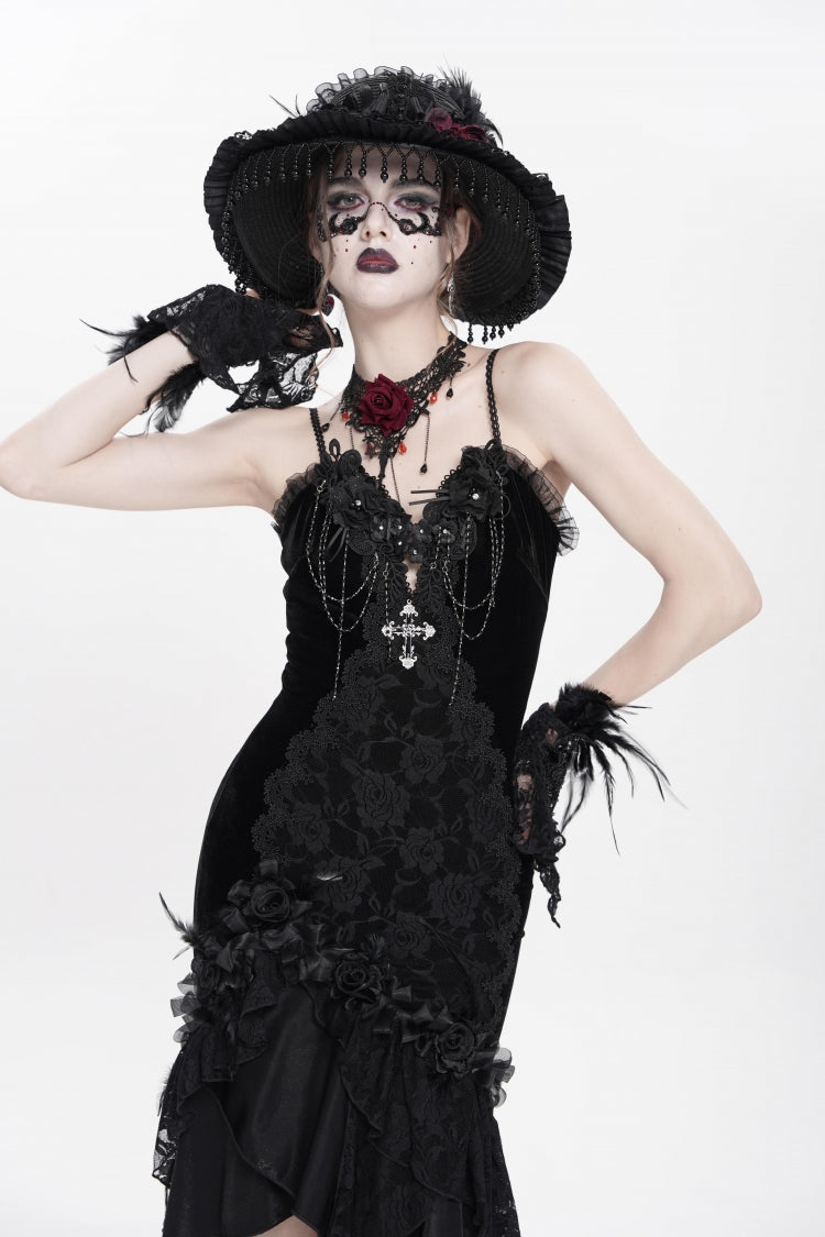 Black Sleeveless Cross Ruffled Floral Embroidered Chain-Decorated Women's Gothic Long Slip Dress - Product - 9