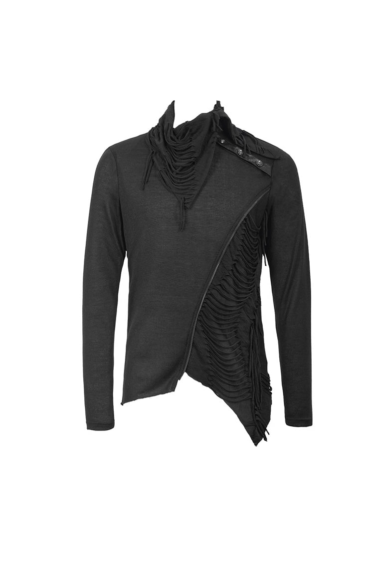 Black Ragged Turn-Down Collar Woolen Long Sleeve Irregular Hem Men's Punk T-Shirt - Product - 6