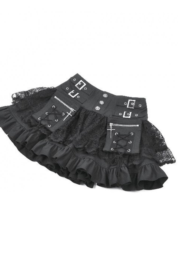 Black High Waisted Multi-Layered Ruffled Lace Patchwork Pocket Women's Punk Mini Skirt - Product - 10