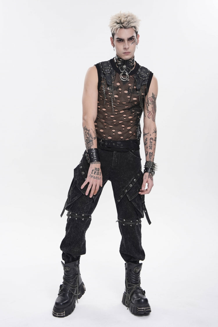 Black Round Collar Sleeveless Cut-Out Mesh Ripped Chain-Decorated Eyelet Men's Punk Cool Vest - Product - 6