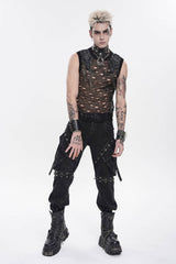 Black Round Collar Sleeveless Cut-Out Mesh Ripped Chain-Decorated Eyelet Men's Punk Cool Vest - Product - 6