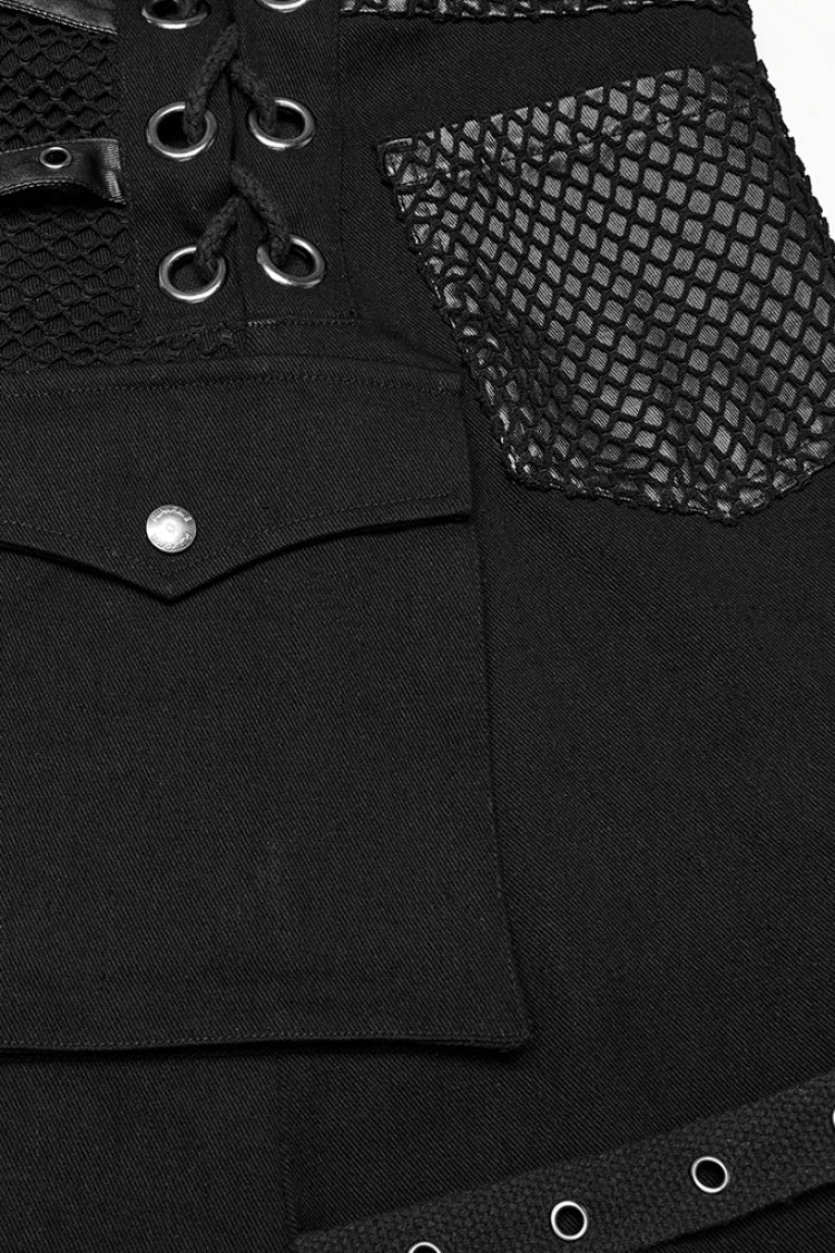 Black Faux Leather Stitching Lace-Up Irregular Mesh Men's Gothic Kilt - Product - 8