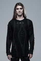 Black Round Collar Long Sleeves Double-Layered Ripped Men's Gothic Blouse - Black - 1