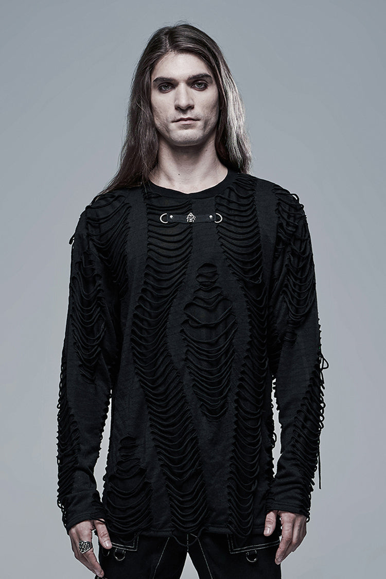 Black Round Collar Long Sleeves Double-Layered Ripped Men's Gothic Blouse - Black - 1