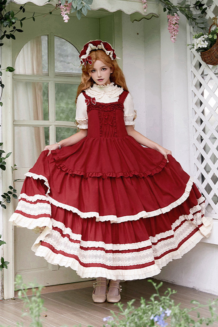 Red [Lily] Multi-Layered Ruffle Lace Classic Elegant Lolita Jsk Dress - Red - 1
