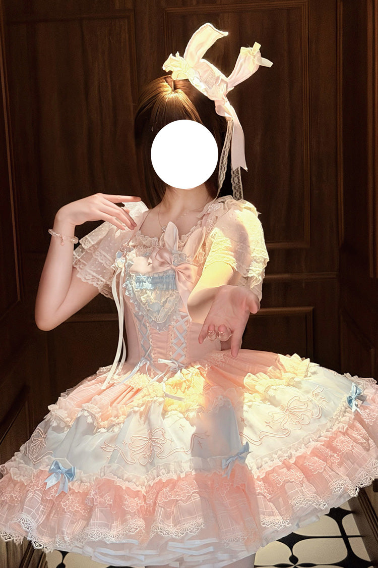 Blue/Pink [Sweetheart Bunny] Square Collar Flutter Sleeves Multi-Layered Jacquard Ruffled Embroidered Bow Lace Sweet Lolita Jsk Dress - Product - 5
