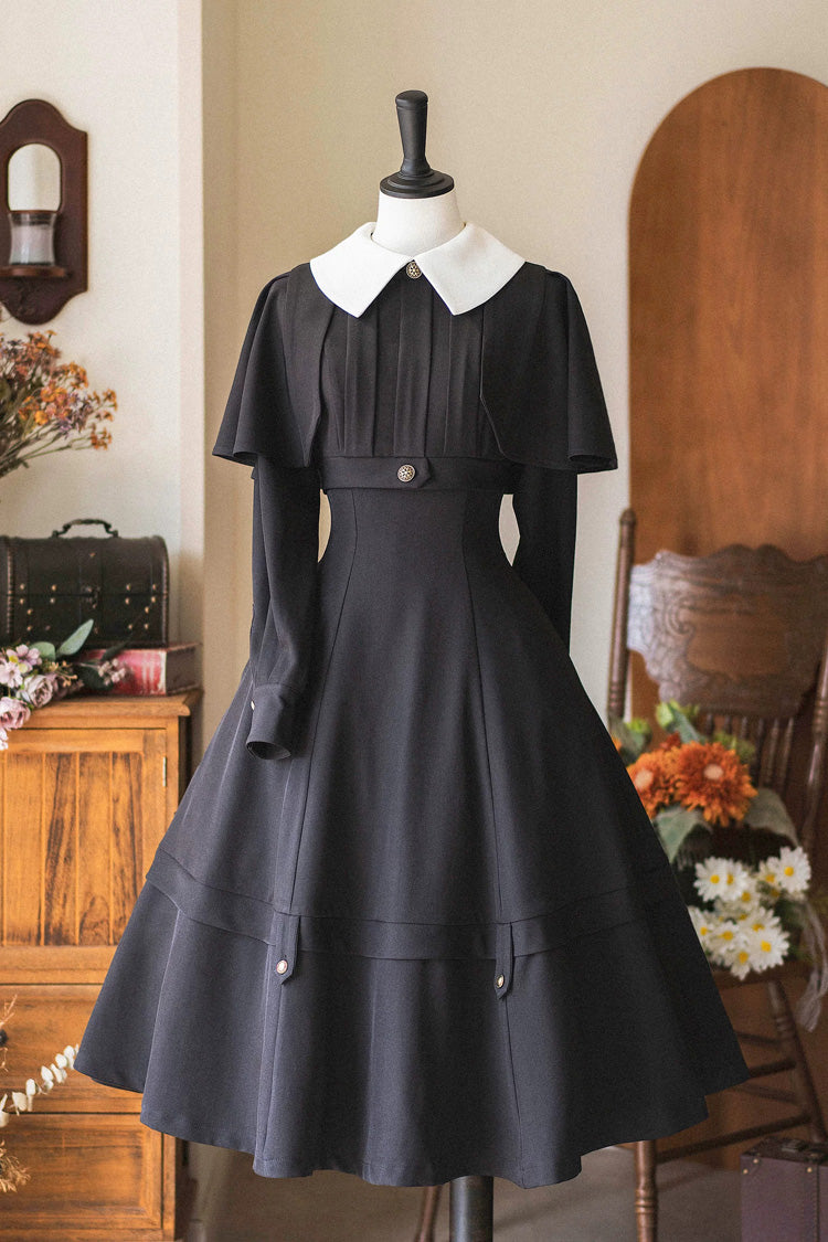 Black [Forest Antique Trunk] Lapel Collar Long Sleeves Classic Vintage Elegant Lolita Dress - Black - 1