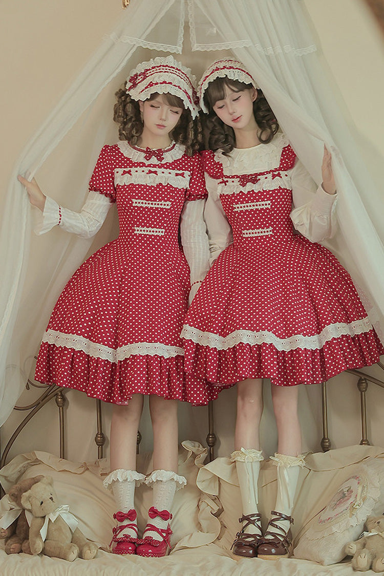 Red [Showa Memoir] Polka Dots Printed Ruffled Bow Sweet Lolita Dress - Product - 7