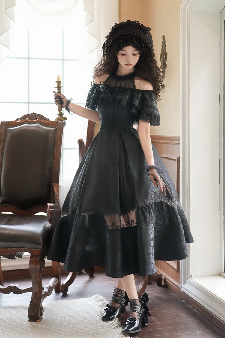 White [Flowers in the Mist] Off Shoulder Halterneck Print Ruffle Gothic Elegant Lolita Dress - Product - 15