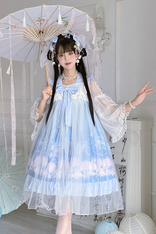 Blue Marine Jellyfish Print Bowknot Long Sleeves Ruffled Chinese Style Sweet Lolita Dress - Product - 5