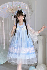Blue Marine Jellyfish Print Bowknot Long Sleeves Ruffled Chinese Style Sweet Lolita Dress - Product - 5
