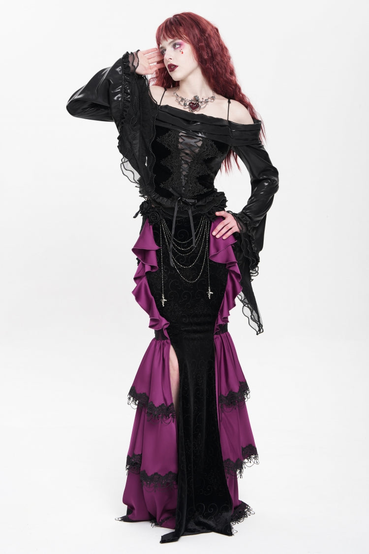Purple Floral Print Lace-Up Rose Chain Women's Gothic Fishtail Skirt - Product - 13