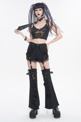 Black Segmented Splicing Old Fashioned Holes Flared Women's Punk Trouser - Product - 5