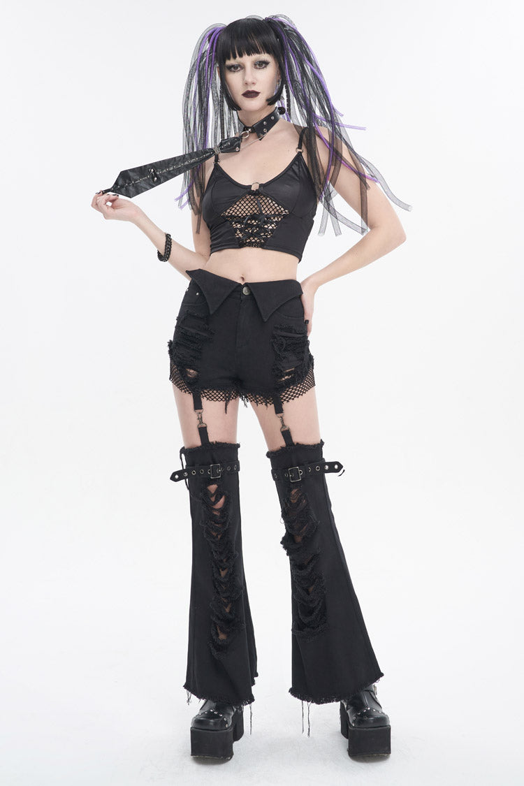 Black Segmented Splicing Old Fashioned Holes Flared Women's Punk Trouser - Product - 5