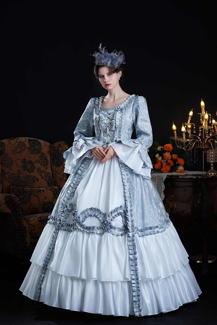 Blue Long Trumpet Sleeves Jacquard Ruffle Bowknot Princess Lolita Victorian Dress - Product - 6